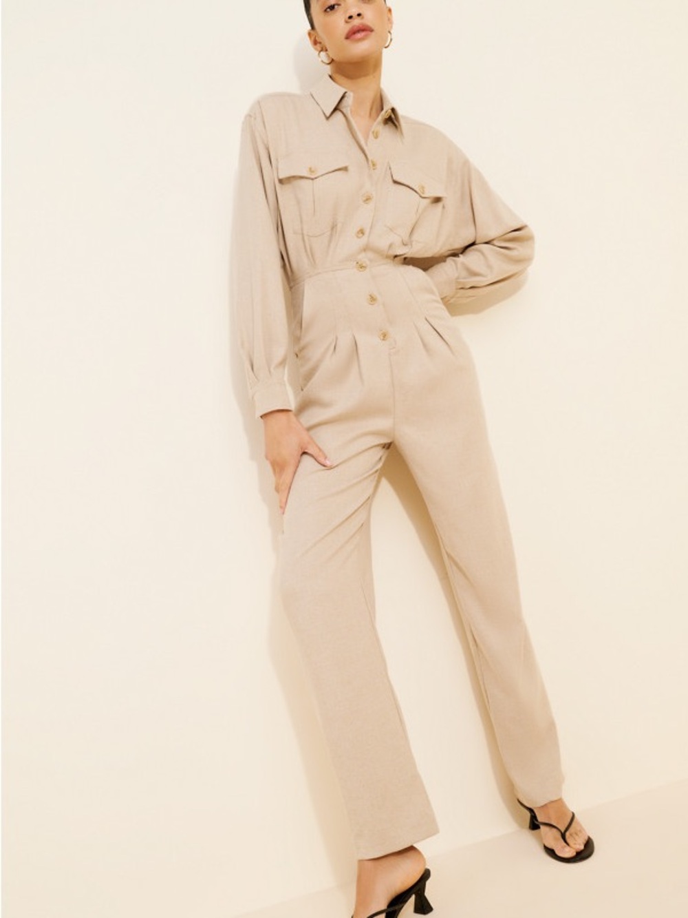 Nuuly x Ronny Kobo Long Sleeve Beige Brila Utility Jumpsuit 80s Quiet Luxury - Picture 4 of 13